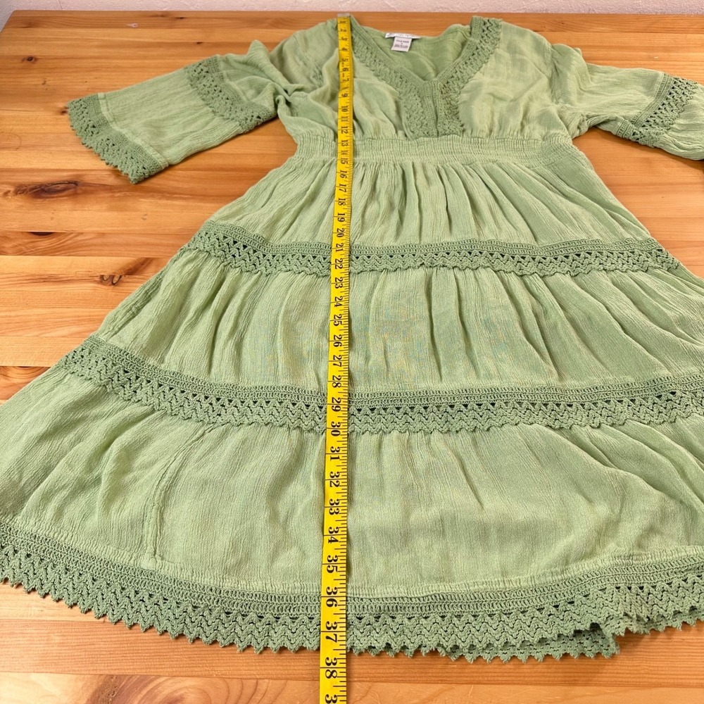 Cottage Boho Fairy Midi Dress Sz Large Renaissance Tiered Crochet Smocked - Picture 5 of 9